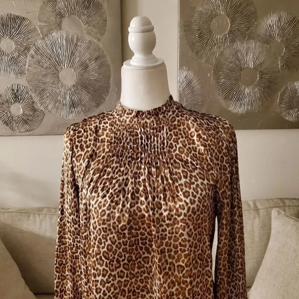 🌹 J. CREW 🌹 Ruffleneck Drapey Leopard Print Satin Blouse - [Size XS]